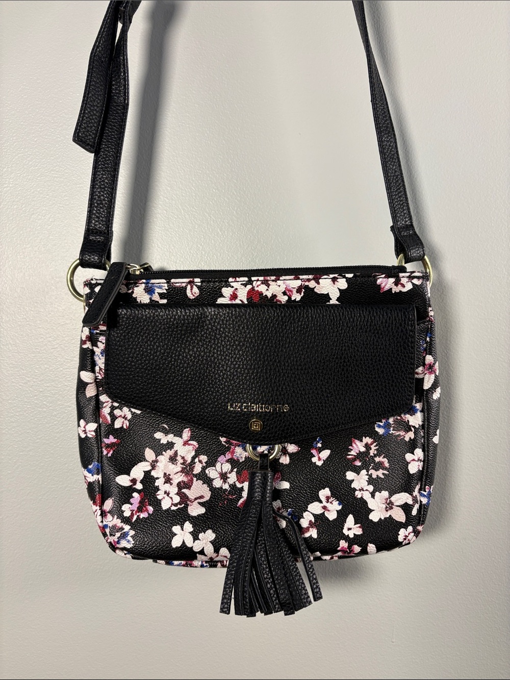 Liz Claiborne Black Floral Tassel Crossbody Bag